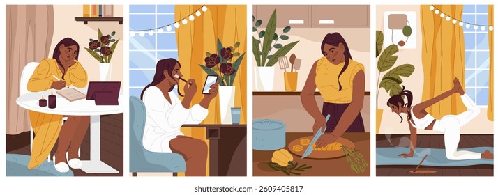 Set of woman daily routine. Vector female character at makeup procedure and taking notes from learning with tablet, slicing carrot or cooking in kitchen, practicing yoga,stretching. Lifestyle activity