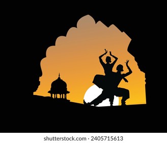 Set of woman dancer silhouette isolated on sun set background.