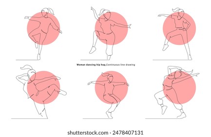 Set woman dancing hip hop continuous line drawing of a woman energetic hip-hop dancer practicing.