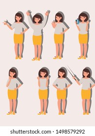 Set of woman in different characters pose on white background. Flat vector illustration for website.