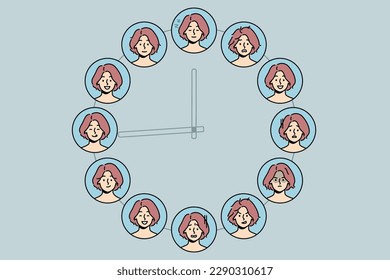 Set of woman with different emotions on huge clock. Collection of emotion and facial expression change during day. Vector illustration. 