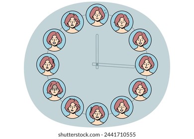 Set of woman with different emotions on huge clock. Collection of emotion and facial expression change during day. Vector illustration.