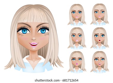 Set woman with different facial expressions. Blond woman emoji character with different expressions. Vector illustration in cartoon style. Stylized set for animation