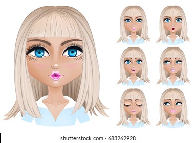 Set woman with different facial expressions. Blond woman emoji character with different expressions. Vector illustration in cartoon style. Stylized set for animation