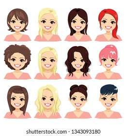 Set of woman with different hair color and hairstyle