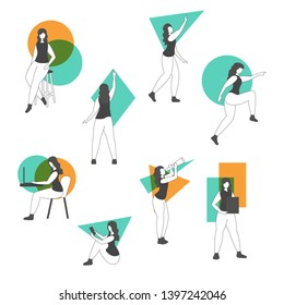 Set of a woman in different poses. Trendy flat design.