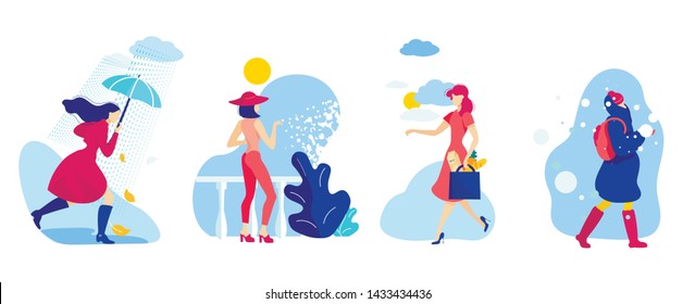 Set Woman Different Season and Weather Conditions. Girl in Fall goes in Rain. Woman Dressed Hat Defending Herself From Sun. Girl in Winter Clothes Walking Down Street in Snow Cartoon.