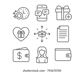 Set of Woman, Dishwasher timer and Parcel delivery icons. Phone messages, File and Dollar wallet signs. Romantic gift, Add gift and Money wallet symbols. Vector