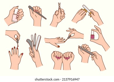 Set of woman do manicure with special tools and equipment. Collection of female nail hygiene and hand routine treatment. Spa and beauty salon care. Vector illustration. 