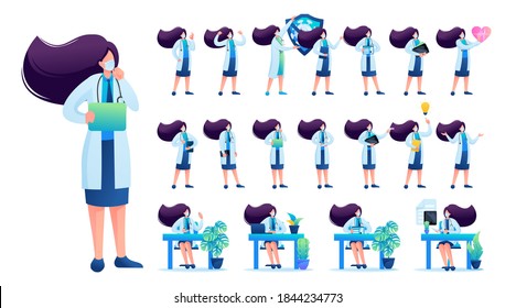 Set of Woman doctor. Presentation in various in various poses and actions. 2D Flat character vector illustration.