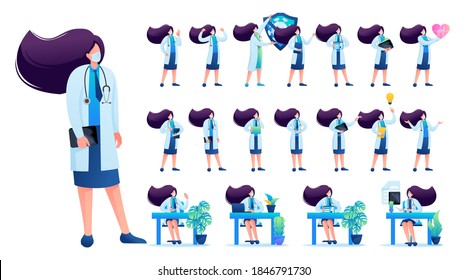 Set of Woman doctor. Presentation in various in various poses and actions. 2D Flat character vector illustration N7.