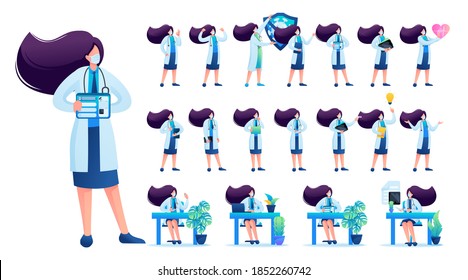 Set of Woman doctor. Presentation in various in various poses and actions. 2D Flat character vector illustration N4