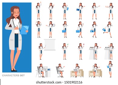 Set of Woman doctor working character vector design. Presentation in various action with emotions, running, standing and walking.