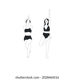 Set of woman doing asana. Yoga. Meditation calm mind. Hand drawn flat figure design. 
