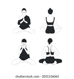 Set of woman doing asana. Yoga. Meditation calm mind. Hand drawn flat figure design. 