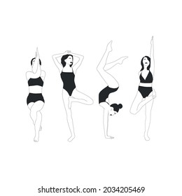 Set of woman doing asana. Yoga. Meditation calm mind. Hand drawn flat figure design. 