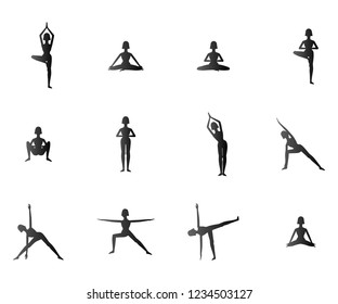 set of woman doing different yoga poses, black silhouettes