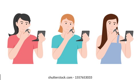 Set of woman doing makeup with different character