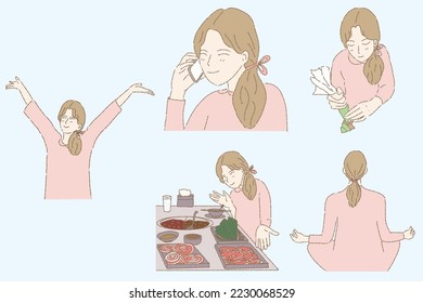 Set of woman doing simple things; eating, meditating, calling , doing favorite activity, enjoying moment to increase happiness in daily life. Hand drawn flat cartoon character vector illustration.