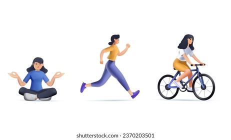 Set von Frauen, die Sportdesign-Vorlagen 3D für Cycling, Running, Training und Yoga. Einfache Bearbeitung und Anpassung. 3D Moderner Vektorgrafik. Sportler und Sportler. Leasingaktivität, gesunder Lebensstil