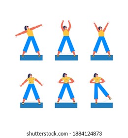 A set of woman doing sports. An exercise set. Fitness and sports vector illustration set. Woman in blue trousers working out. Beginner exercises for every day.