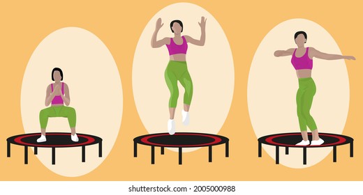 Set. A woman doing squats on a mini trampoline. High intensity trampoline training.
An active woman is engaged in fitness on a trampoline.
Young woman jumping on a trampoline. 