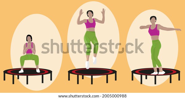 Set. A\
woman doing squats on a mini trampoline. High intensity trampoline\
training.\
An active woman is engaged in fitness on a\
trampoline.\
Young woman jumping on a trampoline.\
