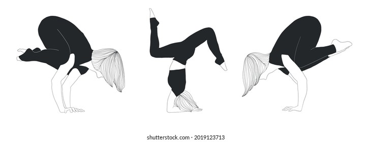 Set of woman doing yoga. Collection of female cartoon characters practice various yoga asanas isolated on white background. Meditative mental health.  Peaceful and positive lifestyle. Hand drawn art. 