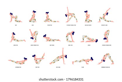 set of woman doing yoga exercises. girl in many different yoga poses.Tropical Yoga. Fitness workout.summer yoga/workout. vector illustrations.