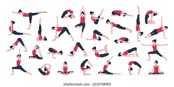 Set of woman doing yoga exercises isolated on white background