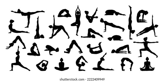 Set of woman doing yoga exercises isolated on white background