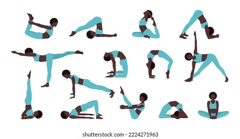 Set of woman doing yoga exercises isolated on white background