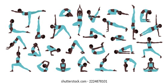 Set of woman doing yoga exercises isolated on white background