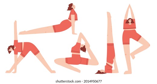 Set of woman doing yoga and fitness. Healthy lifestyle. Collection of cartoon female characters demonstrating different yoga poses isolated on white background - vector