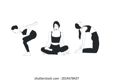 Set with woman doing yoga. Meditation girl. Healthy lifestyle. Balance body. Hand drawn art. Collection flat carton female figure. Fitness and gymnastic. 