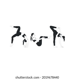 Set with woman doing yoga. Meditation girl. Healthy lifestyle. Balance body. Hand drawn art. Collection flat carton female figure. Fitness and gymnastic. 