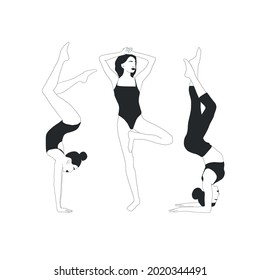 Set with woman doing yoga. Meditation girl. Healthy lifestyle. Balance body. Hand drawn art. Collection flat carton female figure. Fitness and gymnastic. 