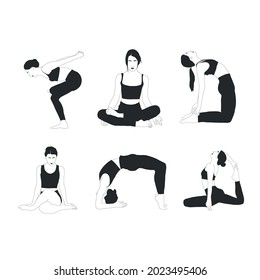 Set with woman doing yoga. Meditation girl. Healthy lifestyle. Balance body. Hand drawn art. Collection flat carton female figure. Fitness and gymnastic. 