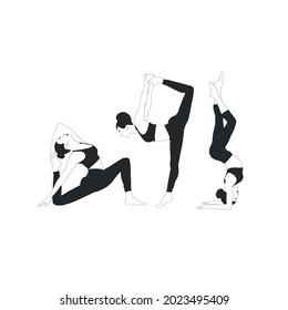 Set with woman doing yoga. Meditation girl. Healthy lifestyle. Balance body. Hand drawn art. Collection flat carton female figure. Fitness and gymnastic. 