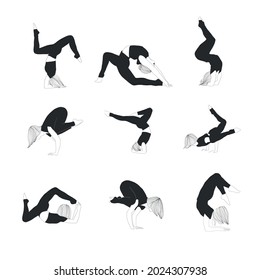 Set with woman doing yoga. Meditation girl. Healthy lifestyle. Balance body. Hand drawn art. Collection flat carton female figure. Fitness and gymnastic. 