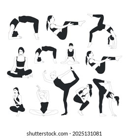 Set with woman doing yoga. Meditation girl. Healthy lifestyle. Balance body. Hand drawn art. Collection flat carton female figure. Fitness and gymnastic. 