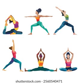 set woman doing yoga poses colorful vector