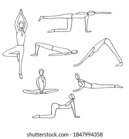 Set of woman doing yoga, seven asanas, vector illustration, hand drawing