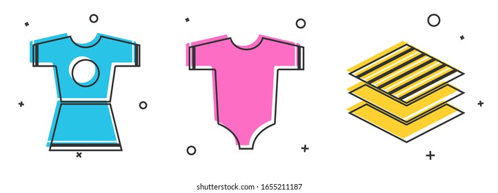 Set Woman dress, Baby clothes and Textile fabric roll icon. Vector
