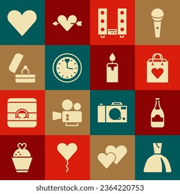 Set Woman dress, Champagne bottle, Shopping bag with heart, Home stereo two speakers, Clock, Wedding rings, Heart and Burning candle icon. Vector