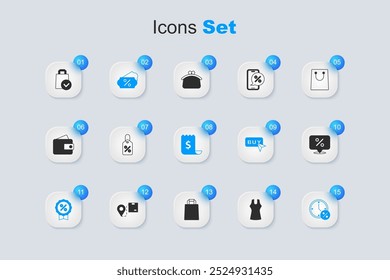 Set Woman dress, Discount percent tag, Clock and discount, Paper shopping bag and check financial check icon. Vector