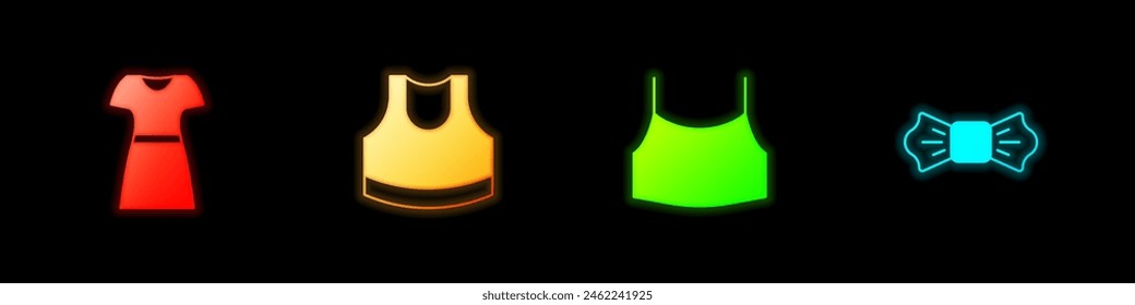 Set Woman dress, Female crop top,  and Bow tie icon. Vector