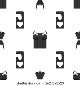 Set Woman dress, Gift box and Please do not disturb with heart on seamless pattern. Vector