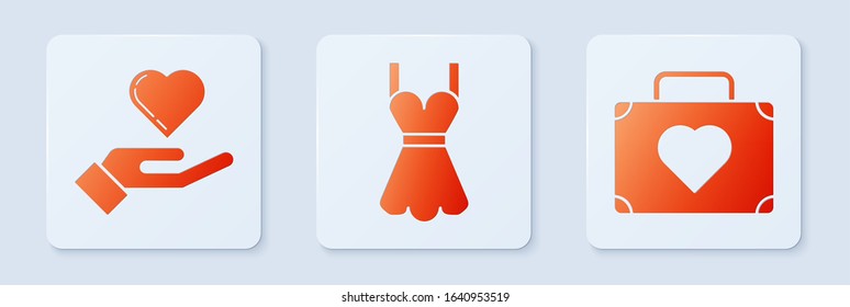 Set Woman dress, Heart on hand and Suitcase for travel with heart. White square button. Vector