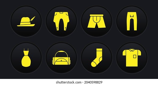 Set Woman dress, Pants, Sport bag, Socks, Men underpants, Polo shirt and Oktoberfest hat icon. Vector